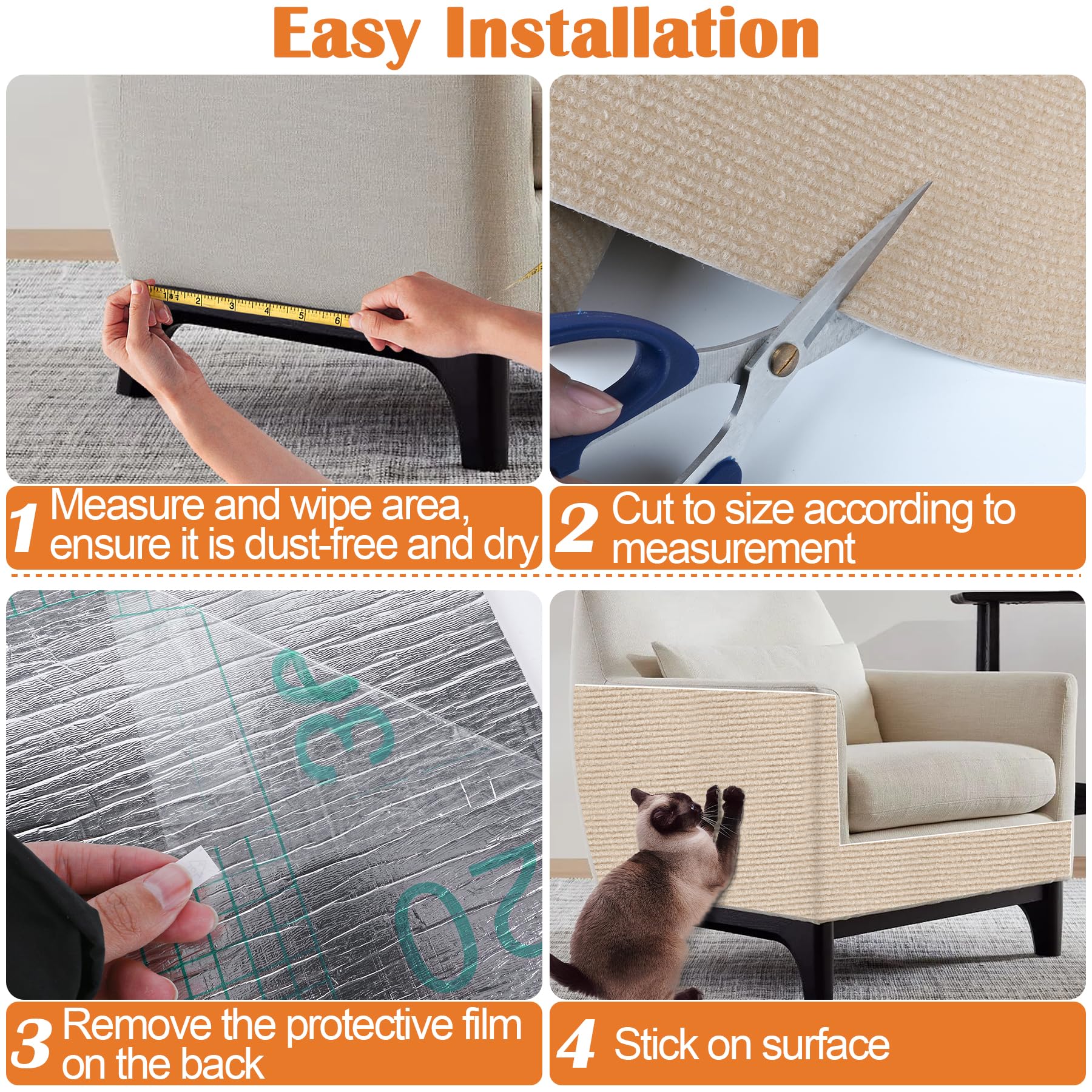 Inchoco Cat Scratching Pad - 78.7'' X 15.8'' Trimmable Self-Adhesive Cats Claws Scratch Furniture Protector, Diy Cat Climbing Co